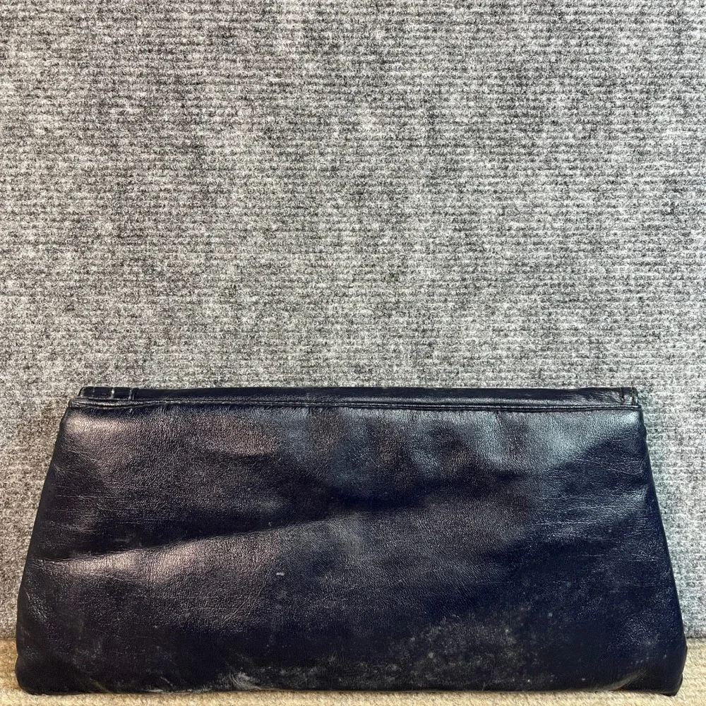 Vintage Navy Blue Leather Envelope Clutch Minimalist Evening Handbag Midnight